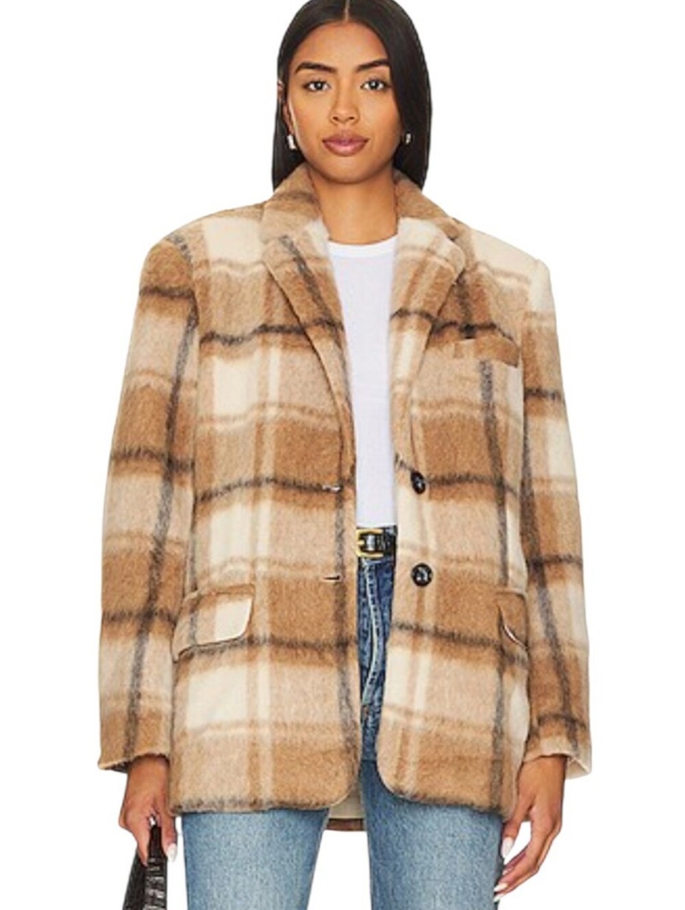 Steve Madden Nana Cream Brown Plaid Boyfriend Blazer Coat M